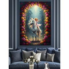 Artmeg Çiçekli Bahçede Beyaz Boynuzlu At Dekoratif Kanvas - Mdf Ahşap Tablo