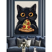 Artmeg Pizza Yiyen Siyah Kedi Karakteri Dekoratif Kanvas - Mdf Ahşap Tablo