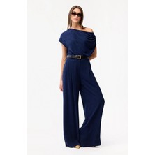 Love My Body Pileli Geniş Paça Pantolon Lacivert 153L9880000