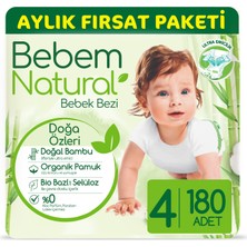 Bebem Natural 4 Beden Bantlı Bebek Bezi 180 Adet Aylık Fırsat Paketi 7 - 14 kg Ekstra Yumuşak