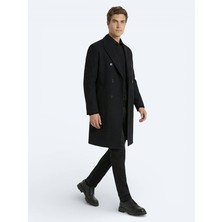 Kip Siyah Regular Fit Kruvaze Yaka Klasik Dokuma Palto