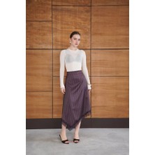 Cemo Kadın Puantiyeli Asimetrik Kesim Dantel Detaylı Midi Etek