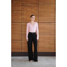 Cemo Kadın V Yaka Dantel Yaka Detaylı Uzun Kollu Fit Bluz