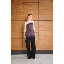 Cemo Kadın Puantiyeli Straplez Saten Bluz Dantel Detaylı