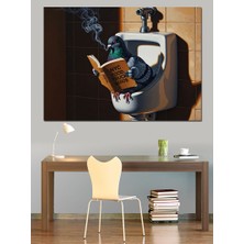 Artmeg Pisuarda Gazete Okuyan Güvercin Figürü Dekoratif Kanvas - Mdf Ahşap Tablo