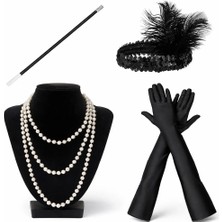 tp Buğz 1920’LER Çarliston Aksesuar Seti – Inci Kolye, Eldiven, Sigara Tutucu, Siyah Saç Bandı