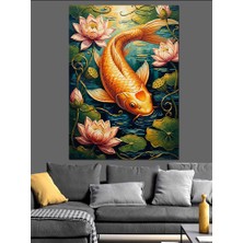 Artmeg Nilüfer Çiçekleri ve Turuncu Balık Dekoratif Kanvas - Mdf Ahşap Tablo