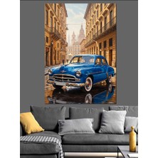 Artmeg Klasik Mavi Araba Sokakta Dekoratif Kanvas - Mdf Ahşap Tablo