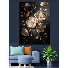 Artmeg Koyu Arka Planda Beyaz Çiçekler Dekoratif Kanvas - Mdf Ahşap Tablo