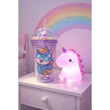 Kesene 2 Li Set Işıklı Renkli Unicorn Figürlü Gece Lambası & Pipetli Boncuk Detaylı Suluk Bardak Mor 450 ml