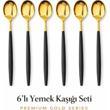 Barotti Modern Altın Renk Paslanmaz Çelik Yemek Kaşığı 6’lı Set,mat Siyah Saplı Premium Yemek Kaşığı Seti