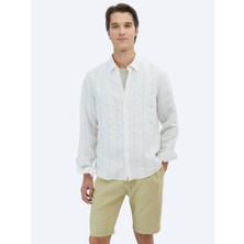 Kip Beyaz Çizgili Regular Fit Dokuma Klasik Gömlek