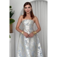 Zishan Fashion Straplez Jakarlı Desenli Uzun Abiye Elbise – Sarı & Mavi | Şık Davet ve Nişan Elbisesi 663