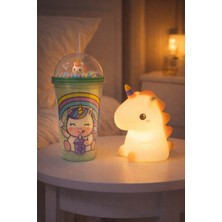 Kesene 2'li Set Işıklı Renkli Unicorn Figürlü Gece Lambası & Pipetli Boncuk Detylı Suluk Bardak Yeşil 450ML