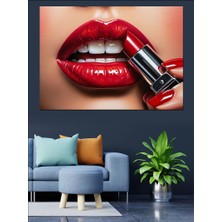 Artmeg Kırmızı Rujlu Dudaklar ve Makyaj Dekoratif Kanvas - Mdf Ahşap Tablo