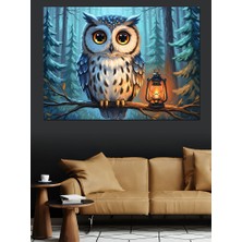 Artmeg Gece Ormanda Fenerli Bilge Baykuş Dekoratif Kanvas - Mdf Ahşap Tablo