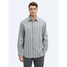 Kip Gri Çizgili Oversize Fit Dokuma Casual Pamuk Karışımlı Gömlek