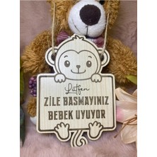 Mars Tasarım Zile Basmayınız Bebek Uyuyor Uyarı Tabelası Kartı Levhası Maymun Ahşap Lütfen Sessiz Çocuk Dış Kapı