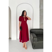 Dip Moda Kadın Kırmızı Balon Kol Gold Broş Detaylı Midi Boy Elbise DPK4563