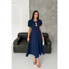 Dip Moda Kadın Lacivert Balon Kol Gold Broş Detaylı Midi Boy Elbise DPK4563