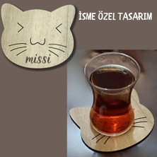 Mars Tasarım 6'lı Çay Kahve Sunum Altlığı Ahşap Bardak Altı (11X10 Cm) Kedi Figürlü (Isme Özel )