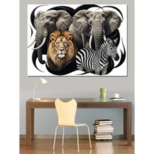 Artmeg Aslan,fil ve Zebra Portresi Dekoratif Kanvas - Mdf Ahşap Tablo
