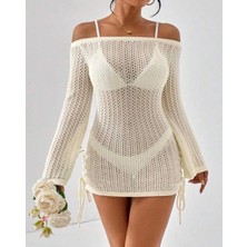 Yuga Knitting Kadın Bağlama Detaylı Triko Ajurlu Örme Plaj Elbisesi Pareo