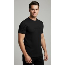 Werroni Erkek Siyah Slim Fit Kabartma Baskılı T-Shirt