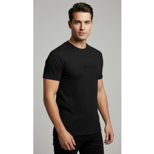 Werroni Erkek Siyah Slim Fit Kabartma Baskılı T-Shirt