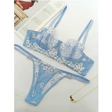 La Linaa Anna Buz Mavisi Dantel Kapsız Sütyen ve Külot Takım 2 Parça Nefes Alabilir Kadın İç Giyim