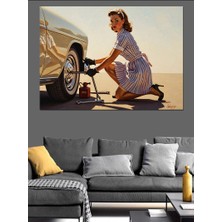 Artmeg Araba Lastiği Değiştiren Klasik Kadın Dekoratif Kanvas - Mdf Ahşap Tablo