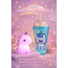 Kesene 2 Li Set Işıklı renkli Unicorn Figürlü Gece Lambası & Pipetli Boncuk Detaylı Suluk Bardak Mavi 450ML