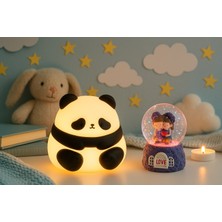 Kesene 2 Li Sevgiliye Romantik Hediye Seti Slikon Panda Renkli LED Gece Lambası ve 9 cm Mor Kar Küresi Set