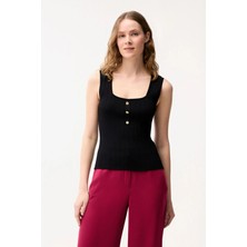 Love My Body Kolsuz Düğmeli Triko Bluz Siyah 115L9914000