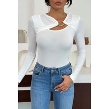 Zishan Fashion Kadın Altın Toka Aksesuarlı Pencere Detaylı Uzun Kollu Bluz 10131