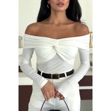 Kadın Madonna Yaka Düğüm Detaylı Uzun Kollu Drapeli Bluz 10125