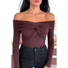 Kadın Madonna Yaka Düğüm Detaylı Uzun Kollu Drapeli Bluz 10125