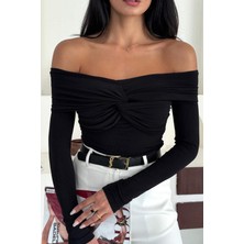 Kadın Madonna Yaka Düğüm Detaylı Uzun Kollu Drapeli Bluz 10125