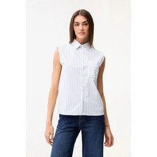 Love My Body Vatkalı Çizgili Gömlek Mavi 130L9971000