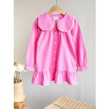 Kr Kids Butik Kız Çocuk Pembe Peter Pan Yaka Düğmeli Elbise – Uzun Kollu Fırfır Detaylı Günlük Çocuk Elbisesi