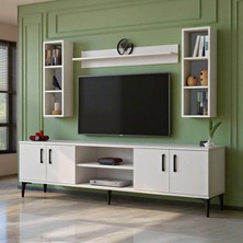 Moonlife Jota 4 Kapaklı Üst Duvar Raflı Dolaplı Tv Ünitesi Beyaz