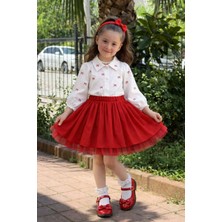 Kr Kids Butik Kız Çocuk Kırmızı Tüllü Etekli Takım – Nakış Detaylı Gömlek ve Tütü Etekli Şık Çocuk Kombini