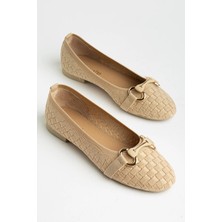 Dilimler Ayakkabı Büyük Beden Kadın Babet Bej Tekstil Örme Desenli Tokalı