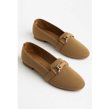 Dilimler Ayakkabı Büyük Beden Kadın Babet Vizon Tekstil Yuvarlak Burun Tokalı