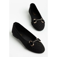 Dilimler Ayakkabı Büyük Beden Kadın Babet Siyah Tekstil Örme Desenli Tokalı