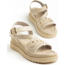 Dilimler Ayakkabı Kadın Dolgu Topuk Sandalet Bej Çapraz Bantlı Troklu