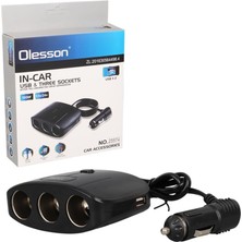 Xtechnx Olesson 1635 12-24V Çift USB Girişli 100W 70 cm Kablolu 3'lü Araç Çakmak Çoklayıcı 100X66X40MM