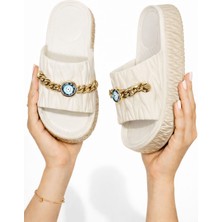 Slipcat Nazar Zincir Detaylı Platform Kalın Taban Gold Zincirli Günlük Kadın Terlik