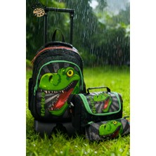 Glanart Lüks Çekçekli Tekerlekli Ilkokul Çantası 3 Bölmeli (Termoslu Besleme+Kalemlik) Set Trex Desen