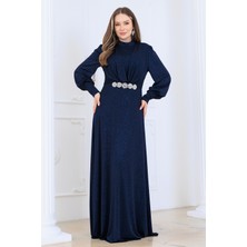 Elisa Tesettür Abiye Elbise Simli Kumaş, Astarlı ve Beli Taş Detaylı